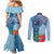 Fiji Day Couples Matching Mermaid Dress and Long Sleeve Button Shirt Tapa Pattern and Hibiscus Flower