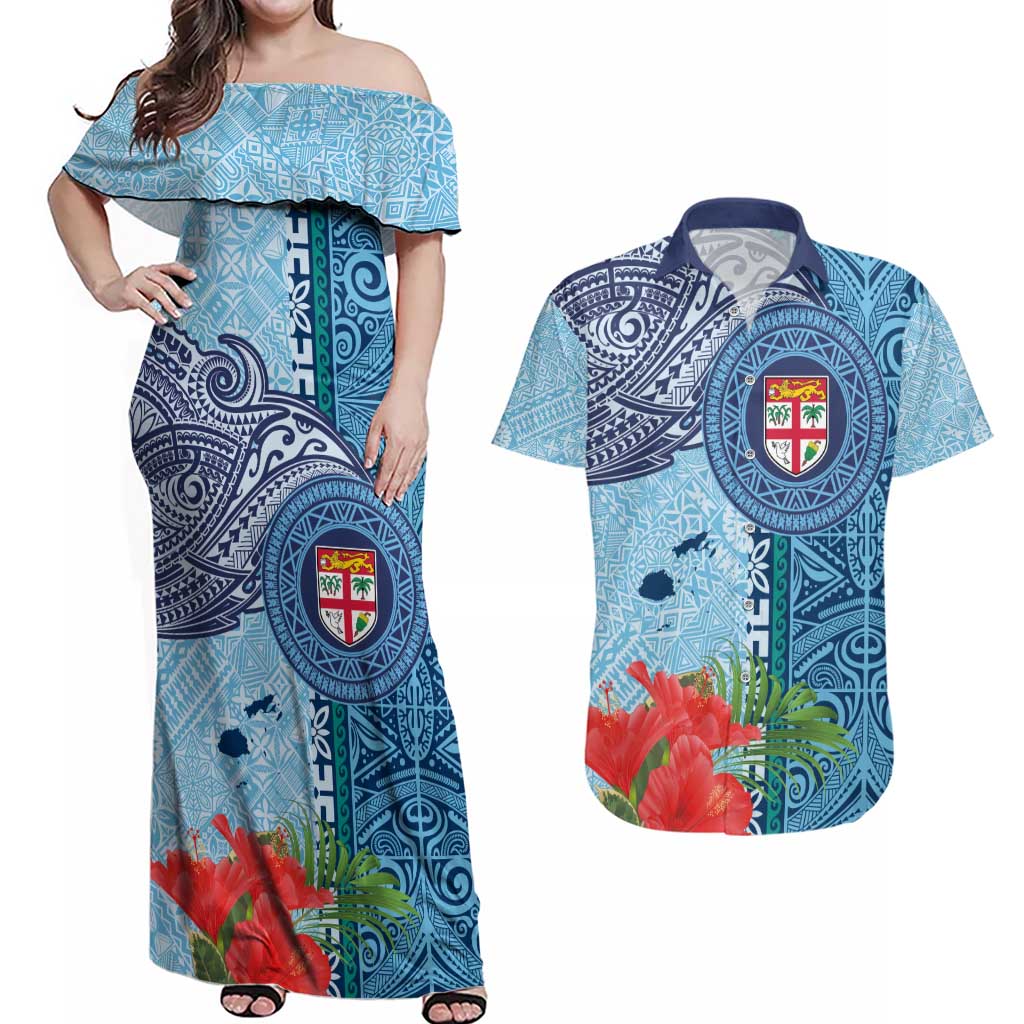 Fiji Day Couples Matching Off Shoulder Maxi Dress and Hawaiian Shirt Tapa Pattern and Hibiscus Flower