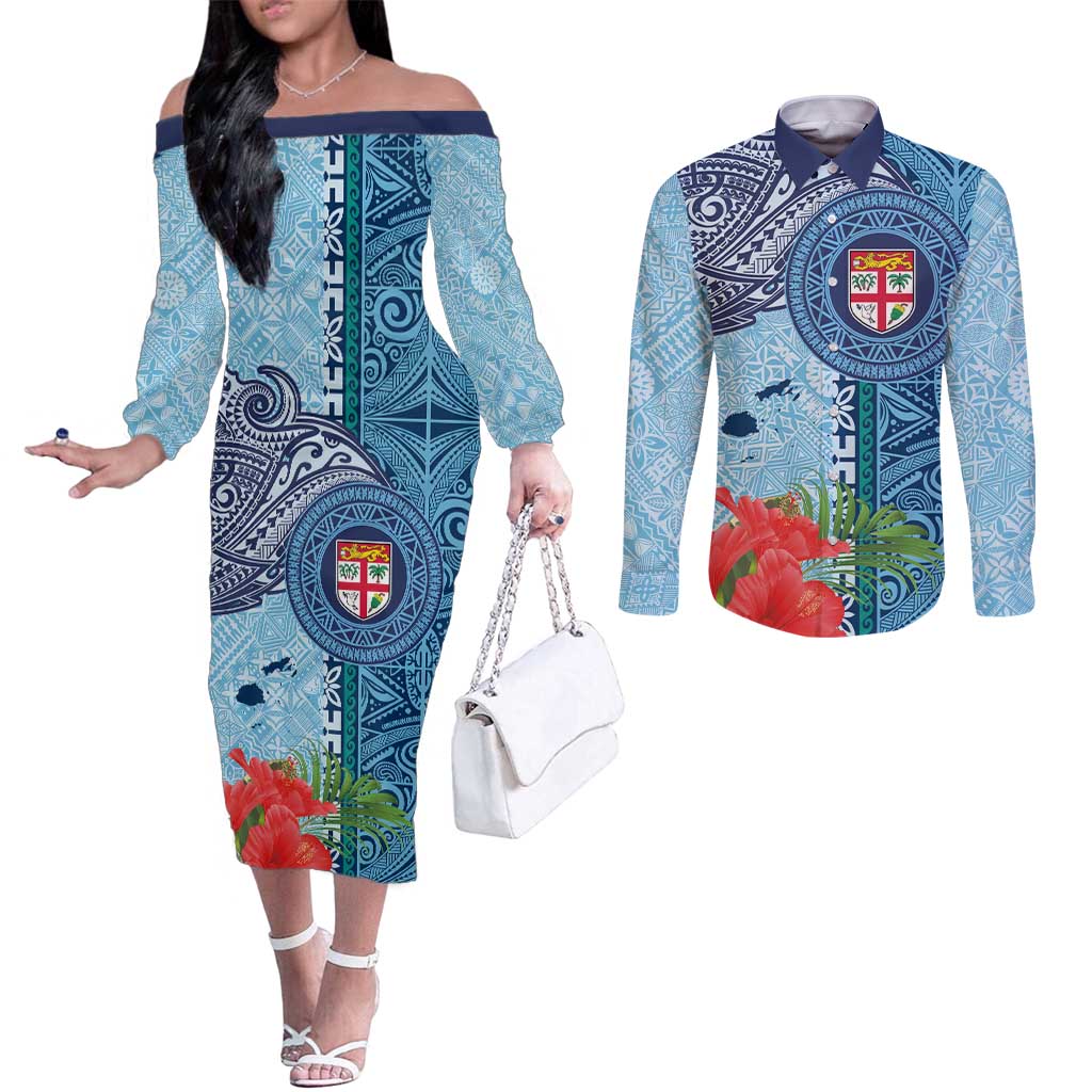 Fiji Day Couples Matching Off The Shoulder Long Sleeve Dress and Long Sleeve Button Shirt Tapa Pattern and Hibiscus Flower