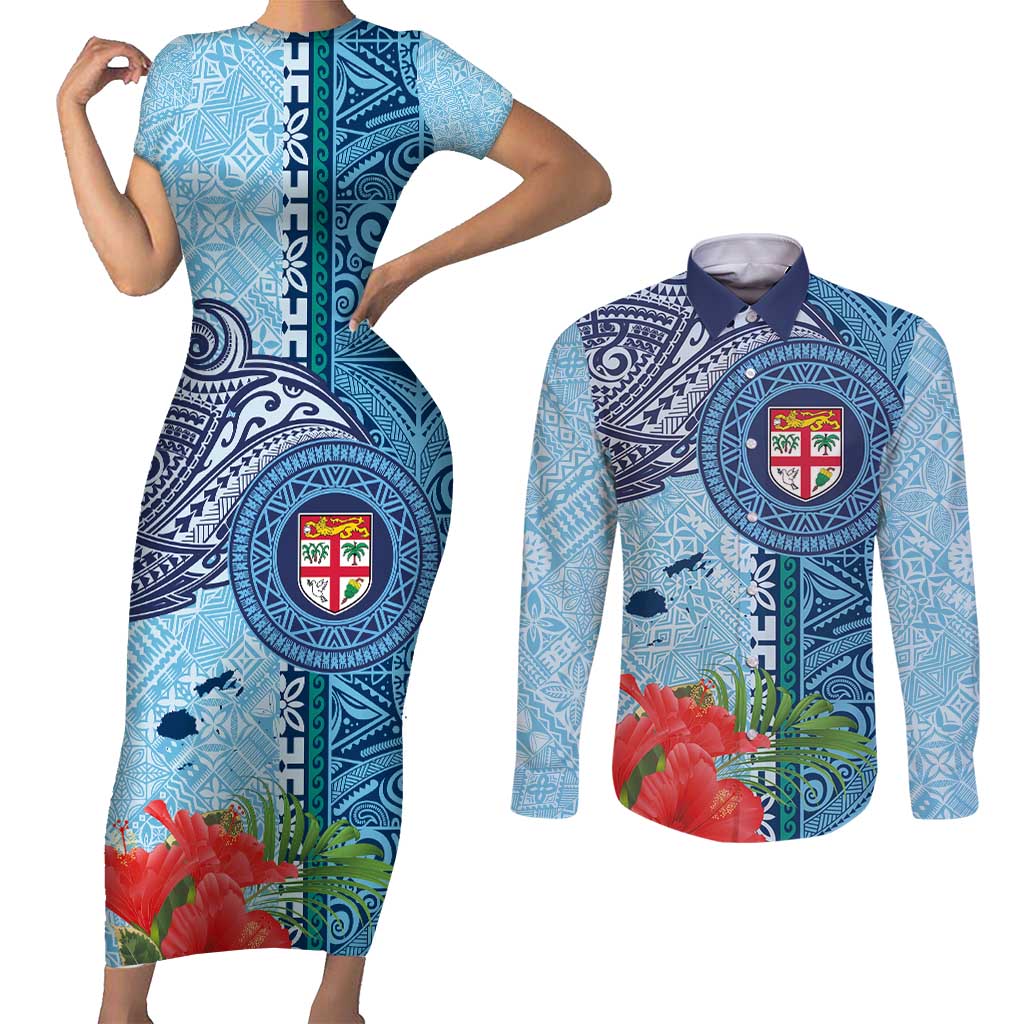 Fiji Day Couples Matching Short Sleeve Bodycon Dress and Long Sleeve Button Shirt Tapa Pattern and Hibiscus Flower