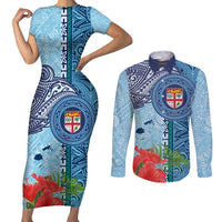 Fiji Day Couples Matching Short Sleeve Bodycon Dress and Long Sleeve Button Shirt Tapa Pattern and Hibiscus Flower