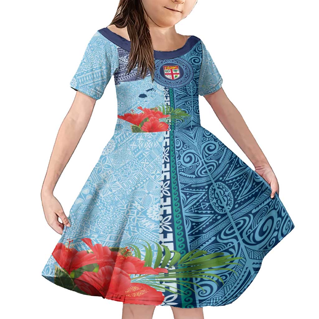 Fiji Day Family Matching Long Sleeve Bodycon Dress and Hawaiian Shirt Tapa Pattern and Hibiscus Flower LT03 Daughter's Dress Blue - Polynesian Pride