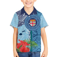 Fiji Day Family Matching Long Sleeve Bodycon Dress and Hawaiian Shirt Tapa Pattern and Hibiscus Flower LT03 Son's Shirt Blue - Polynesian Pride