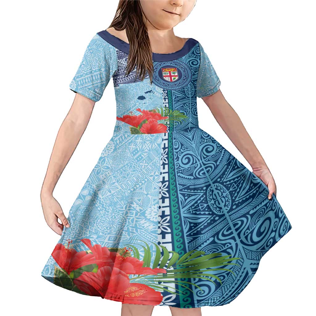 Fiji Day Family Matching Mermaid Dress and Hawaiian Shirt Tapa Pattern and Hibiscus Flower LT03 Daughter's Dress Blue - Polynesian Pride