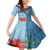 Fiji Day Family Matching Mermaid Dress and Hawaiian Shirt Tapa Pattern and Hibiscus Flower LT03 Daughter's Dress Blue - Polynesian Pride