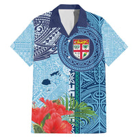 Fiji Day Family Matching Mermaid Dress and Hawaiian Shirt Tapa Pattern and Hibiscus Flower LT03 Dad's Shirt - Short Sleeve Blue - Polynesian Pride