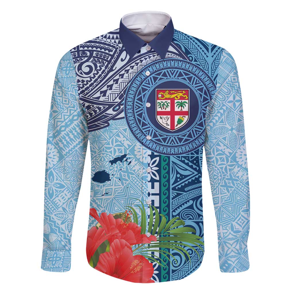 Fiji Day Family Matching Mermaid Dress and Hawaiian Shirt Tapa Pattern and Hibiscus Flower LT03 Dad's Shirt - Long Sleeve Blue - Polynesian Pride