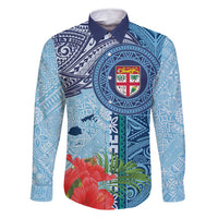 Fiji Day Family Matching Mermaid Dress and Hawaiian Shirt Tapa Pattern and Hibiscus Flower LT03 Dad's Shirt - Long Sleeve Blue - Polynesian Pride
