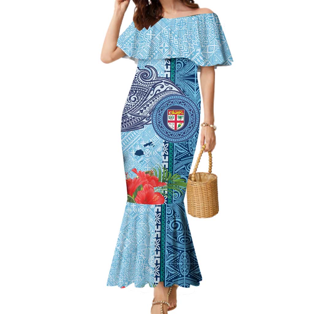 Fiji Day Family Matching Mermaid Dress and Hawaiian Shirt Tapa Pattern and Hibiscus Flower LT03 Mom's Dress Blue - Polynesian Pride