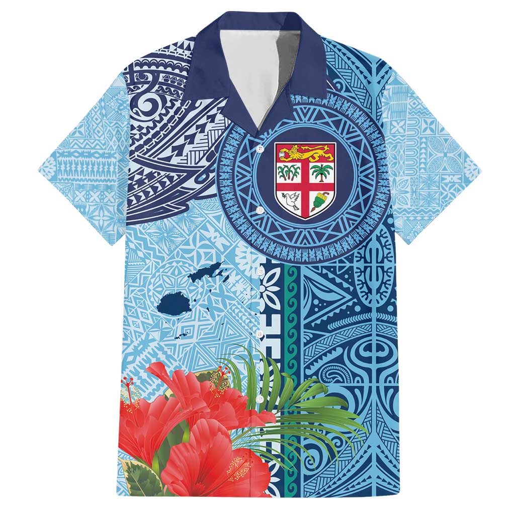 Fiji Day Family Matching Short Sleeve Bodycon Dress and Hawaiian Shirt Tapa Pattern and Hibiscus Flower LT03 Dad's Shirt - Short Sleeve Blue - Polynesian Pride
