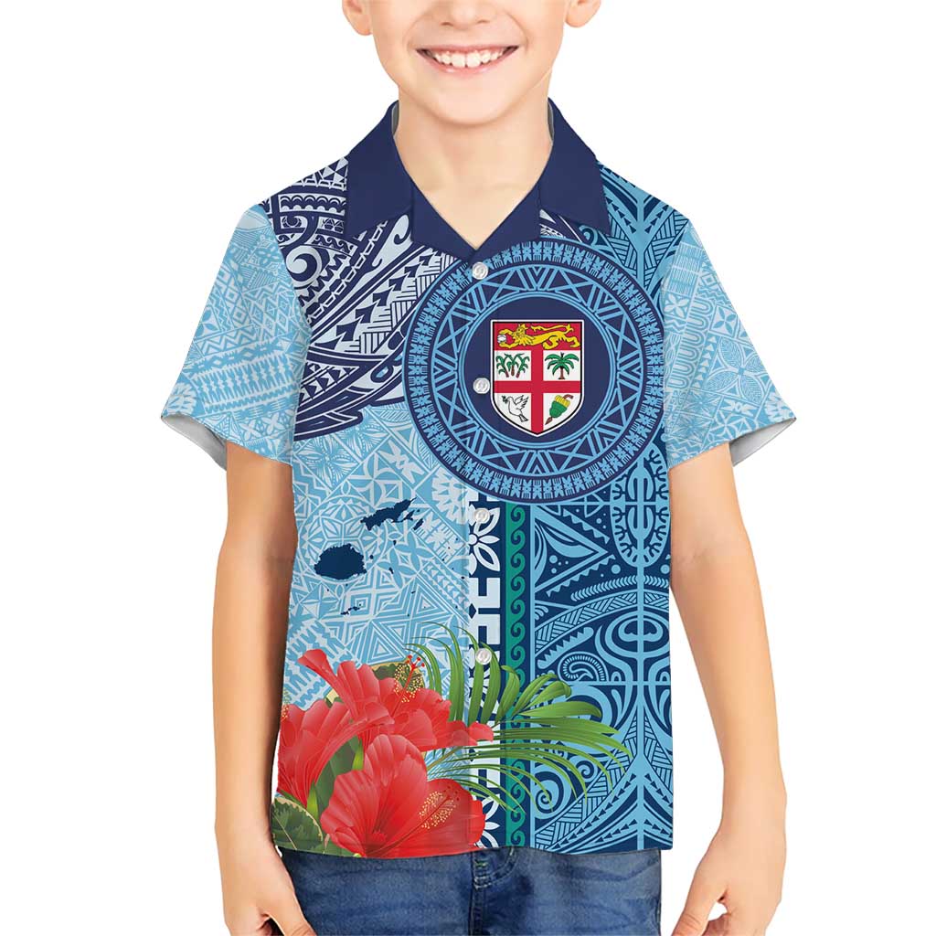 Fiji Day Family Matching Short Sleeve Bodycon Dress and Hawaiian Shirt Tapa Pattern and Hibiscus Flower LT03 Son's Shirt Blue - Polynesian Pride