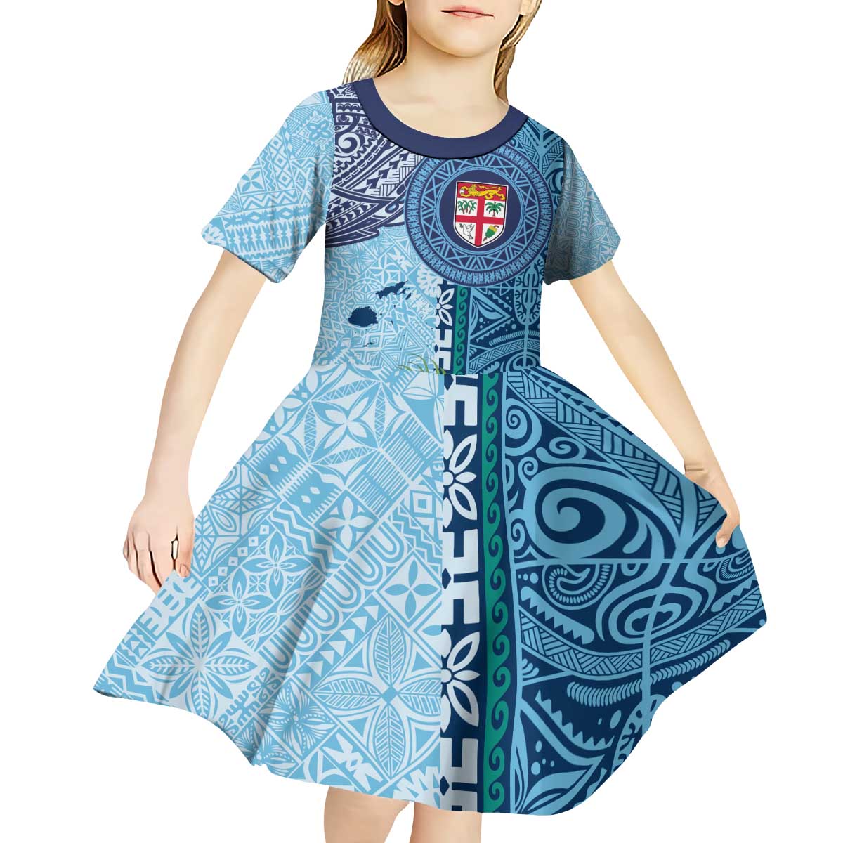 Fiji Day Kid Short Sleeve Dress Tapa Pattern and Hibiscus Flower