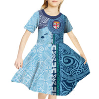 Fiji Day Kid Short Sleeve Dress Tapa Pattern and Hibiscus Flower