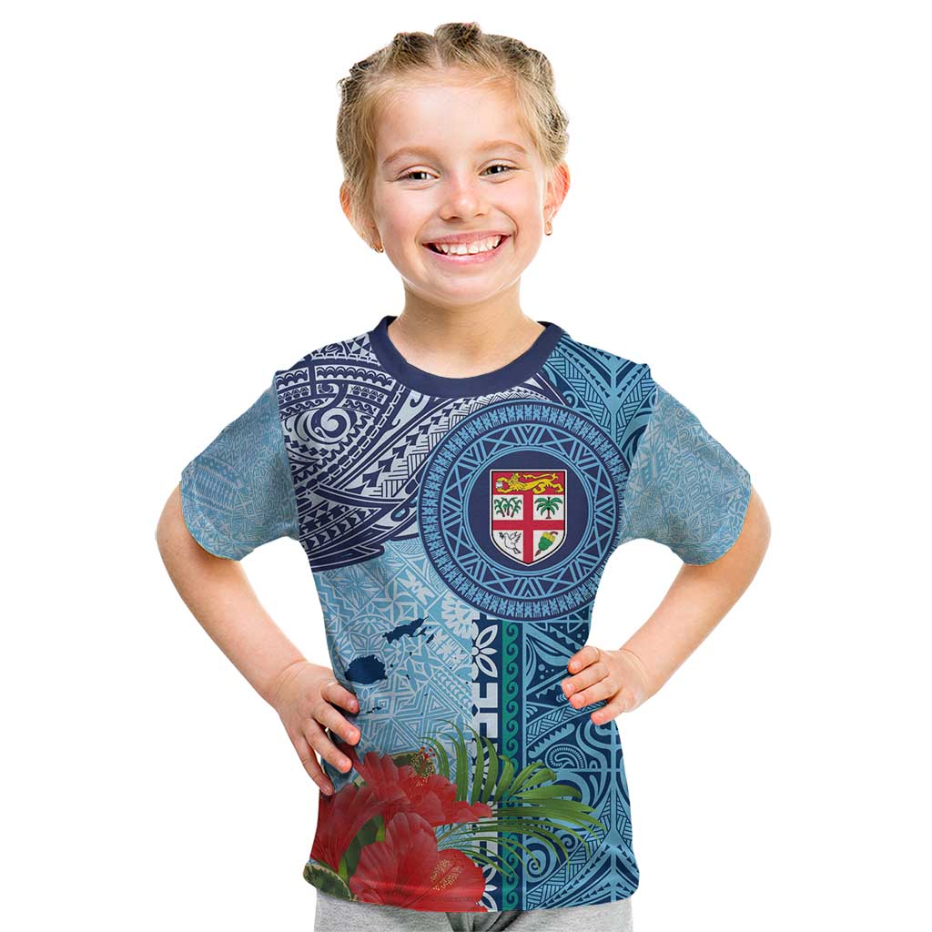 Fiji Day Kid T Shirt Tapa Pattern and Hibiscus Flower LT03 Blue - Polynesian Pride