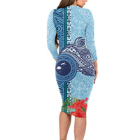 Fiji Day Long Sleeve Bodycon Dress Tapa Pattern and Hibiscus Flower LT03 - Polynesian Pride