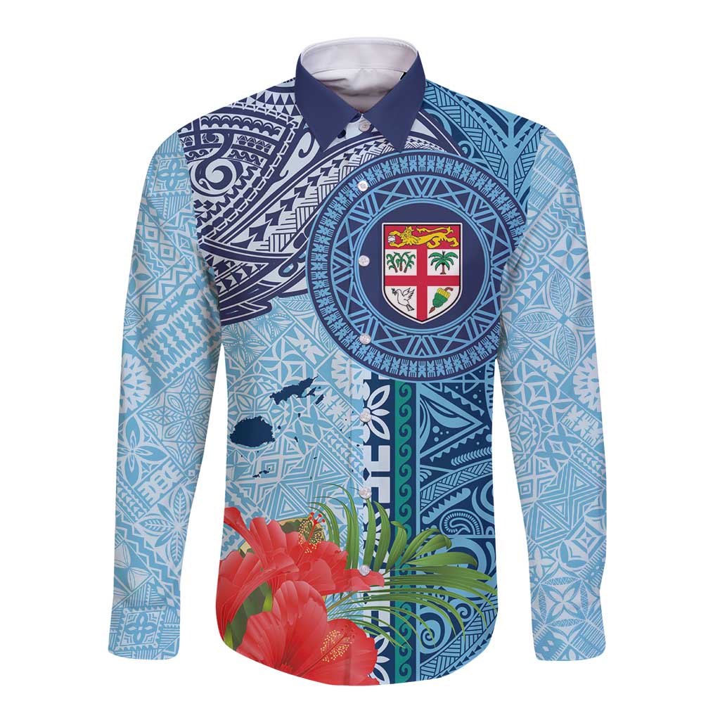Fiji Day Long Sleeve Button Shirt Tapa Pattern and Hibiscus Flower LT03 Unisex Blue - Polynesian Pride