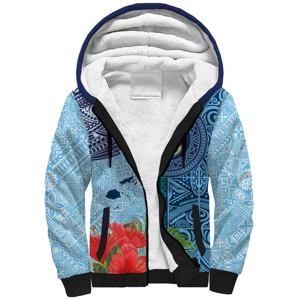 Fiji Day Sherpa Hoodie Tapa Pattern and Hibiscus Flower