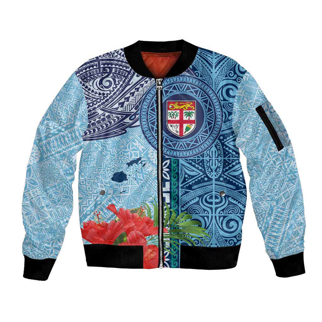 Fiji Day Sleeve Zip Bomber Jacket Tapa Pattern and Hibiscus Flower LT03 Unisex Blue - Polynesian Pride