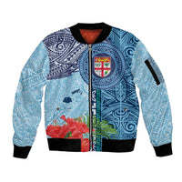 Fiji Day Sleeve Zip Bomber Jacket Tapa Pattern and Hibiscus Flower LT03 Unisex Blue - Polynesian Pride