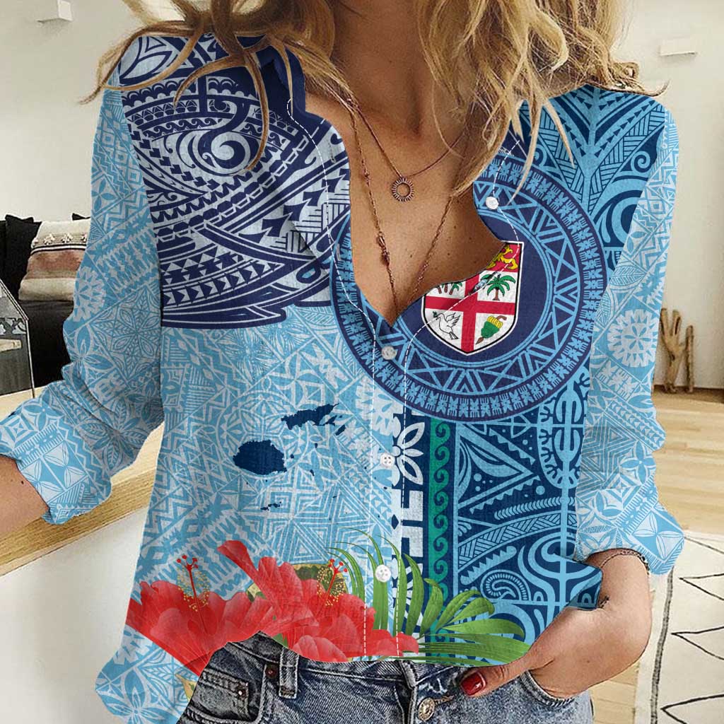 Fiji Day Women Casual Shirt Tapa Pattern and Hibiscus Flower