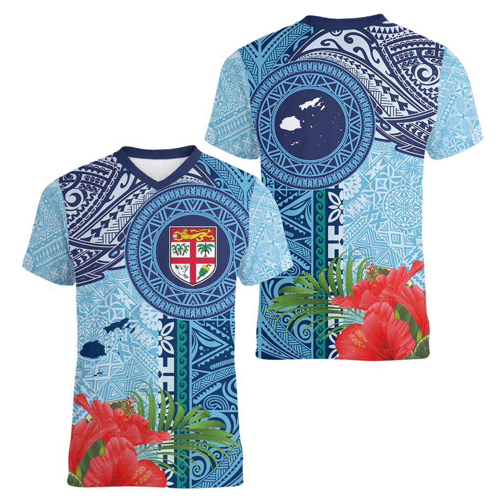 Fiji Day Women V-Neck T-Shirt Tapa Pattern and Hibiscus Flower