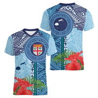 Fiji Day Women V-Neck T-Shirt Tapa Pattern and Hibiscus Flower