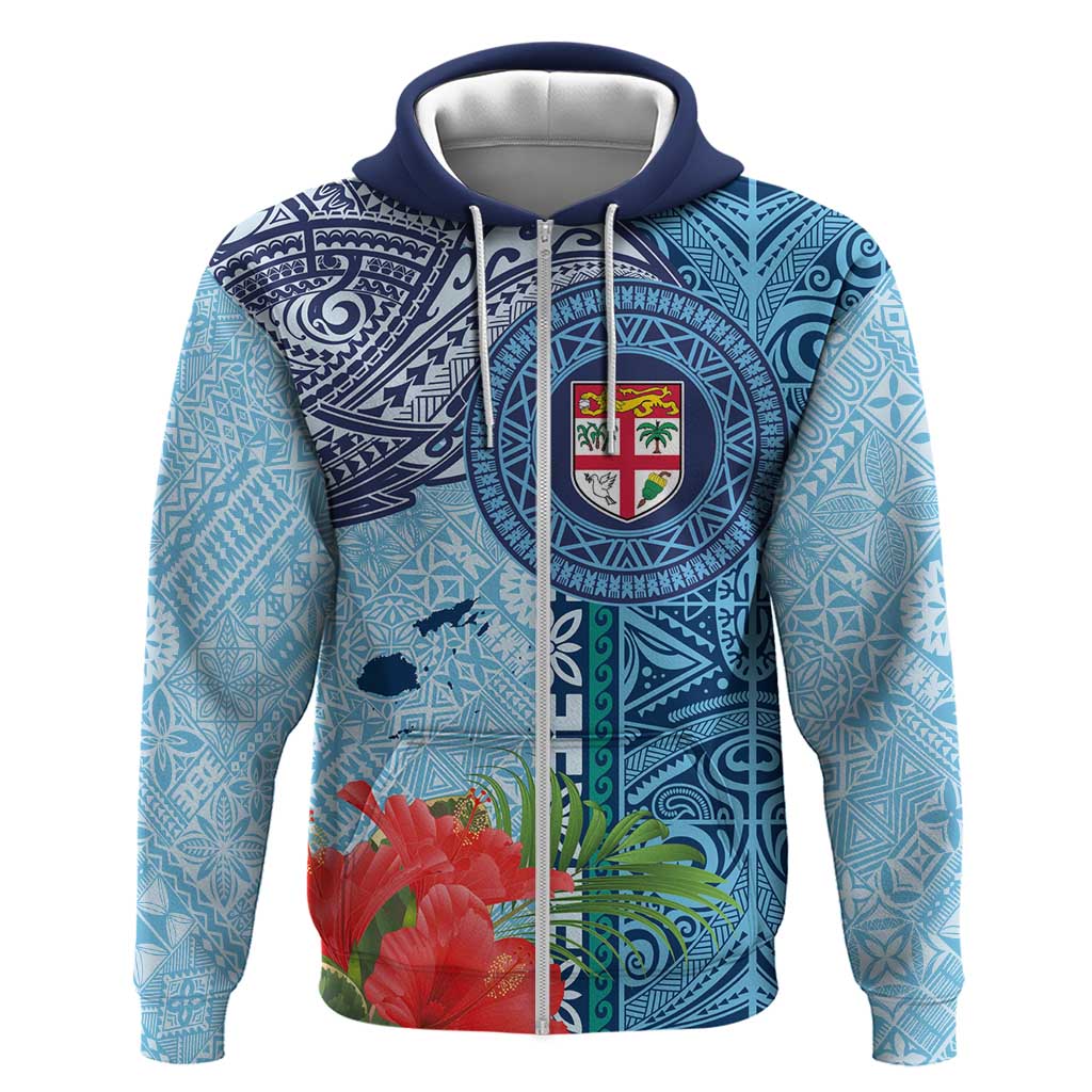 Fiji Day Zip Hoodie Tapa Pattern and Hibiscus Flower LT03 Zip Hoodie Blue - Polynesian Pride