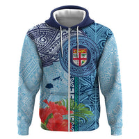 Fiji Day Zip Hoodie Tapa Pattern and Hibiscus Flower LT03 Zip Hoodie Blue - Polynesian Pride