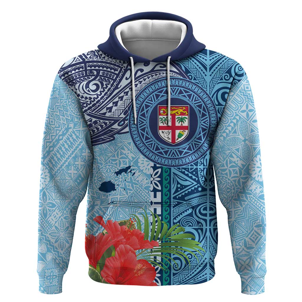 Fiji Day Zip Hoodie Tapa Pattern and Hibiscus Flower LT03 Pullover Hoodie Blue - Polynesian Pride