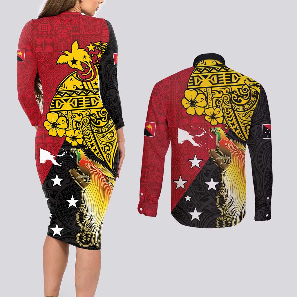Papua New Guinea Independence Day Couples Matching Long Sleeve Bodycon Dress and Long Sleeve Button Shirt Bird-of-Paradise with Map and Polynesian Pattern