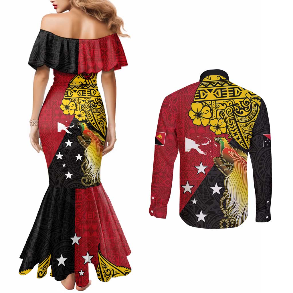 Papua New Guinea Independence Day Couples Matching Mermaid Dress and Long Sleeve Button Shirt Bird-of-Paradise with Map and Polynesian Pattern