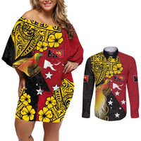 Papua New Guinea Independence Day Couples Matching Off Shoulder Short Dress and Long Sleeve Button Shirt Bird-of-Paradise with Map and Polynesian Pattern