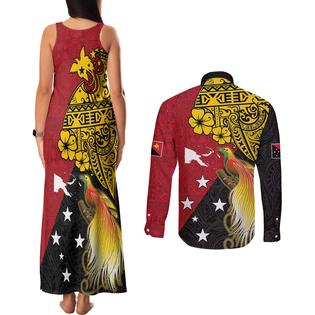 Papua New Guinea Independence Day Couples Matching Tank Maxi Dress and Long Sleeve Button Shirt Bird-of-Paradise with Map and Polynesian Pattern