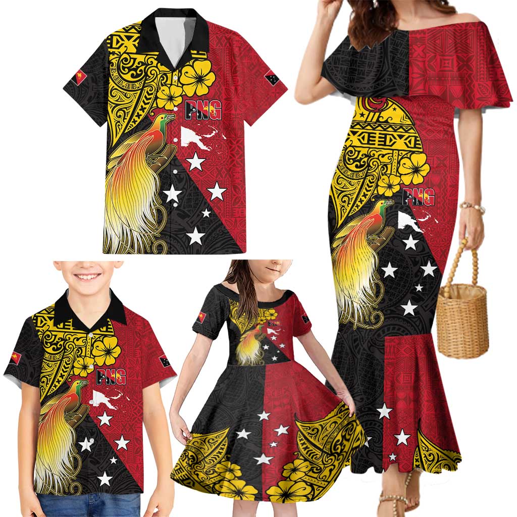 Papua New Guinea Independence Day Family Matching Mermaid Dress and Hawaiian Shirt Bird-of-Paradise with Map and Polynesian Pattern