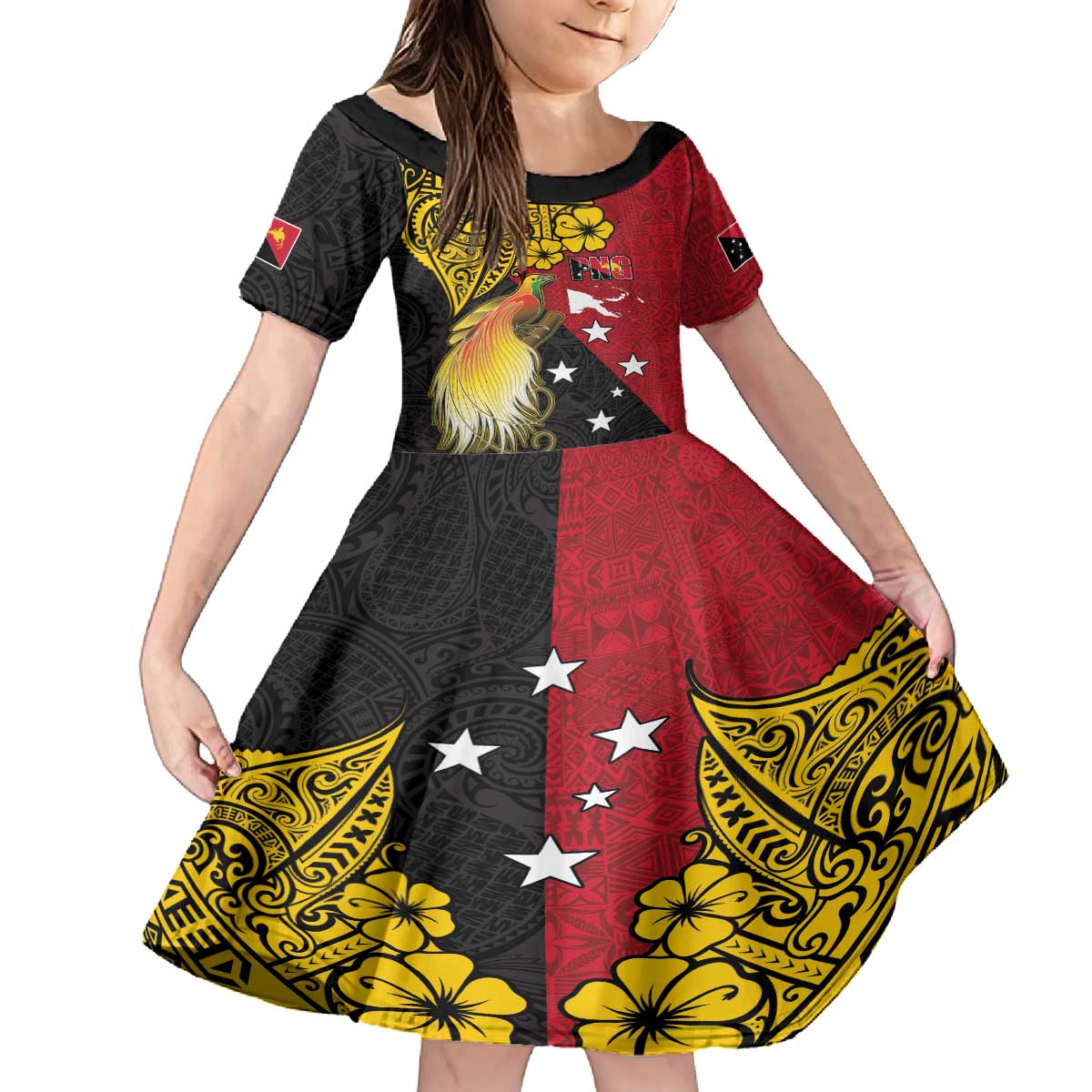 Papua New Guinea Independence Day Family Matching Off The Shoulder Long Sleeve Dress and Hawaiian Shirt Bird-of-Paradise with Map and Polynesian Pattern