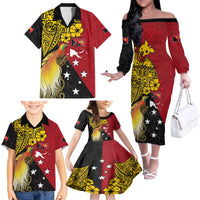 Papua New Guinea Independence Day Family Matching Off The Shoulder Long Sleeve Dress and Hawaiian Shirt Bird-of-Paradise with Map and Polynesian Pattern