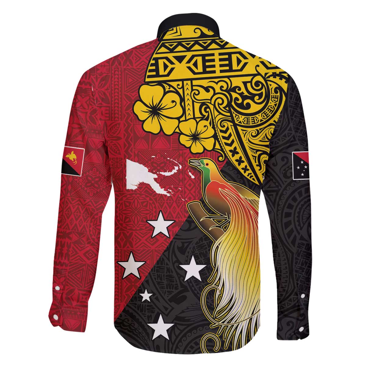 Papua New Guinea Independence Day Family Matching Off The Shoulder Long Sleeve Dress and Hawaiian Shirt Bird-of-Paradise with Map and Polynesian Pattern