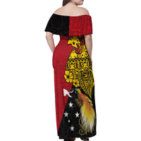 Papua New Guinea Independence Day Family Matching Off Shoulder Maxi Dress and Hawaiian Shirt Bird-of-Paradise with Map and Polynesian Pattern