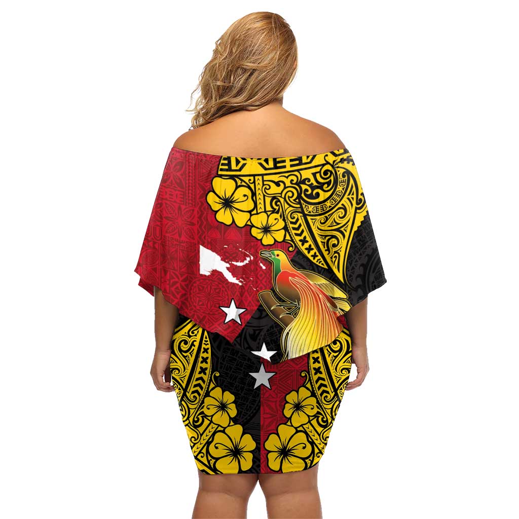 Papua New Guinea Independence Day Family Matching Off Shoulder Short Dress and Hawaiian Shirt Bird-of-Paradise with Map and Polynesian Pattern