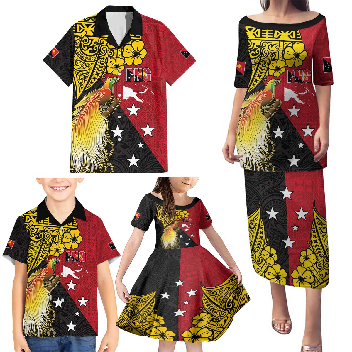 Papua New Guinea Independence Day Family Matching Puletasi and Hawaiian Shirt Bird-of-Paradise with Map and Polynesian Pattern