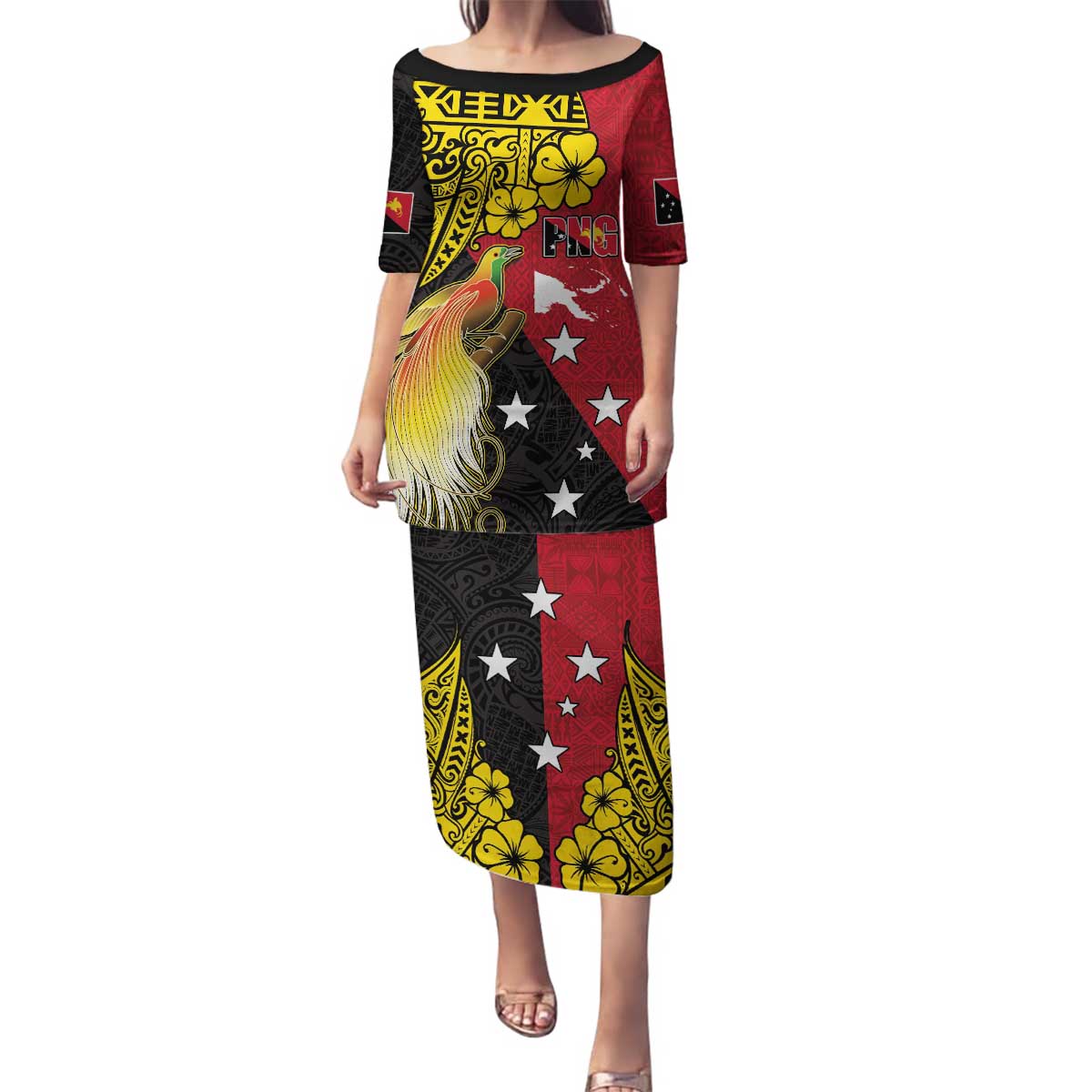 Papua New Guinea Independence Day Family Matching Puletasi and Hawaiian Shirt Bird-of-Paradise with Map and Polynesian Pattern