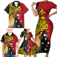 Papua New Guinea Independence Day Family Matching Short Sleeve Bodycon Dress and Hawaiian Shirt Bird-of-Paradise with Map and Polynesian Pattern