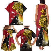 Papua New Guinea Independence Day Family Matching Tank Maxi Dress and Hawaiian Shirt Bird-of-Paradise with Map and Polynesian Pattern
