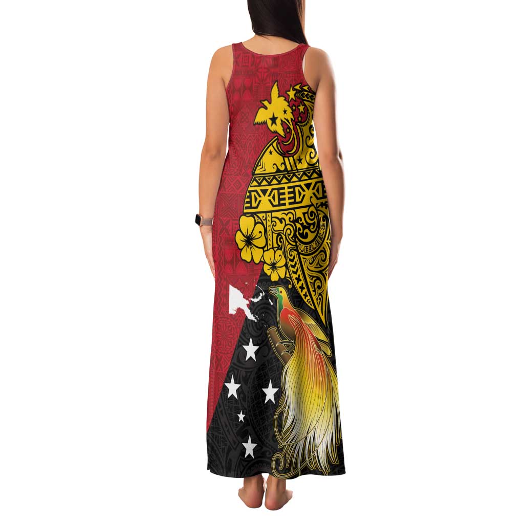 Papua New Guinea Independence Day Family Matching Tank Maxi Dress and Hawaiian Shirt Bird-of-Paradise with Map and Polynesian Pattern