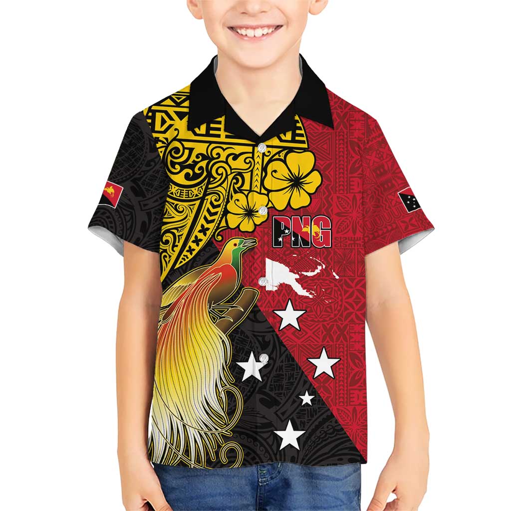 Papua New Guinea Independence Day Kid Hawaiian Shirt Bird-of-Paradise with Map and Polynesian Pattern