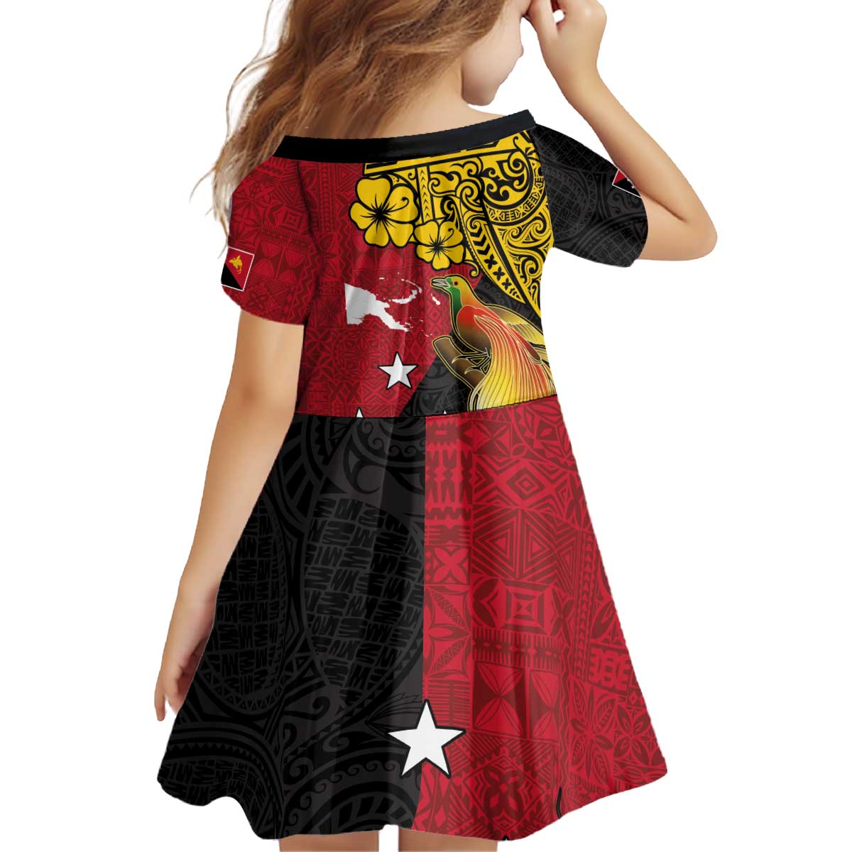 Papua New Guinea Independence Day Kid Short Sleeve Dress Bird-of-Paradise with Map and Polynesian Pattern