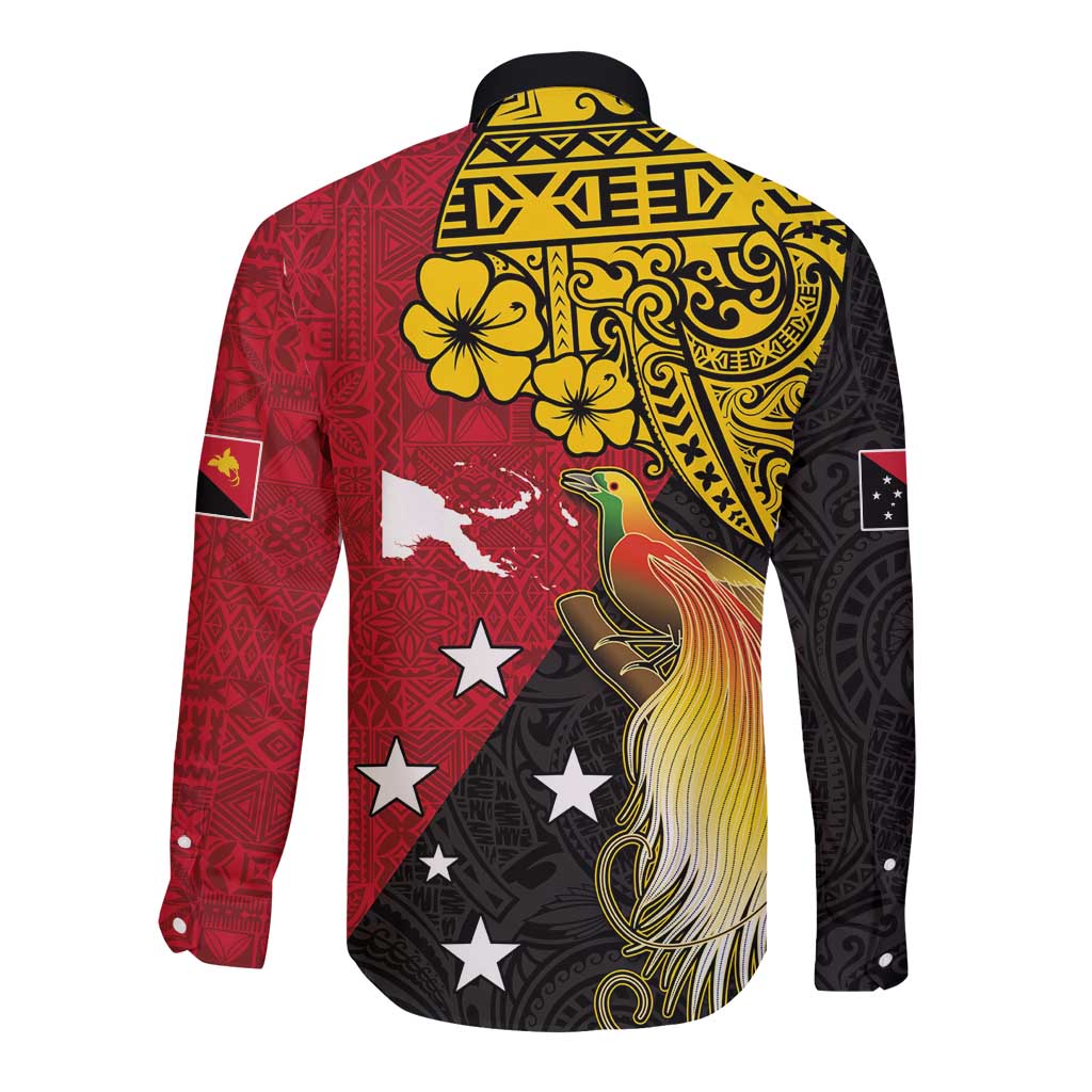 Papua New Guinea Independence Day Long Sleeve Button Shirt Bird-of-Paradise with Map and Polynesian Pattern