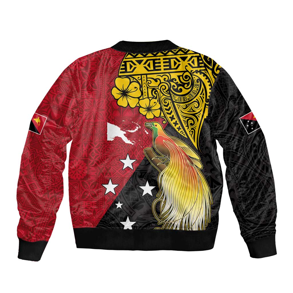 Papua New Guinea Independence Day Sleeve Zip Bomber Jacket Bird-of-Paradise with Map and Polynesian Pattern