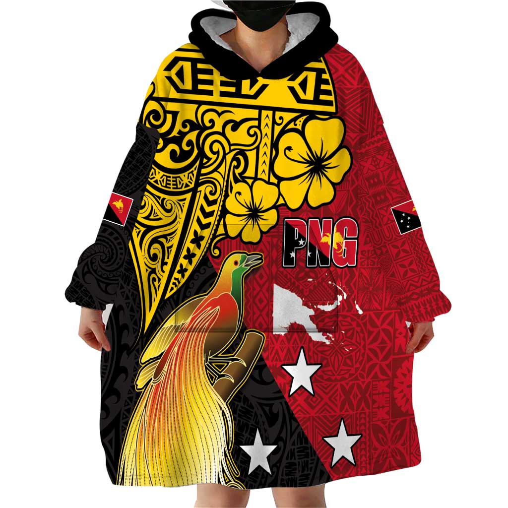 Papua New Guinea Independence Day Wearable Blanket Hoodie Bird-of-Paradise with Map and Polynesian Pattern