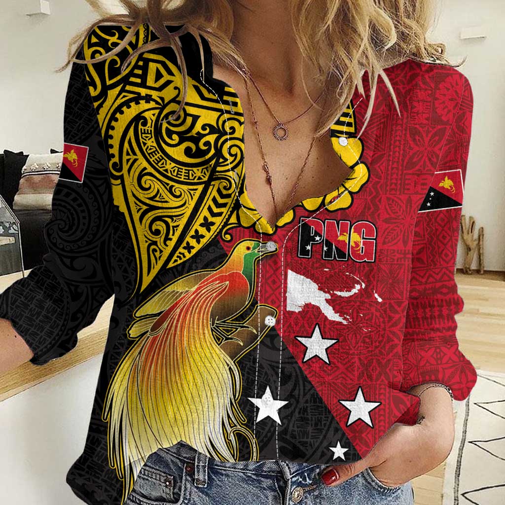 Papua New Guinea Independence Day Women Casual Shirt Bird-of-Paradise with Map and Polynesian Pattern